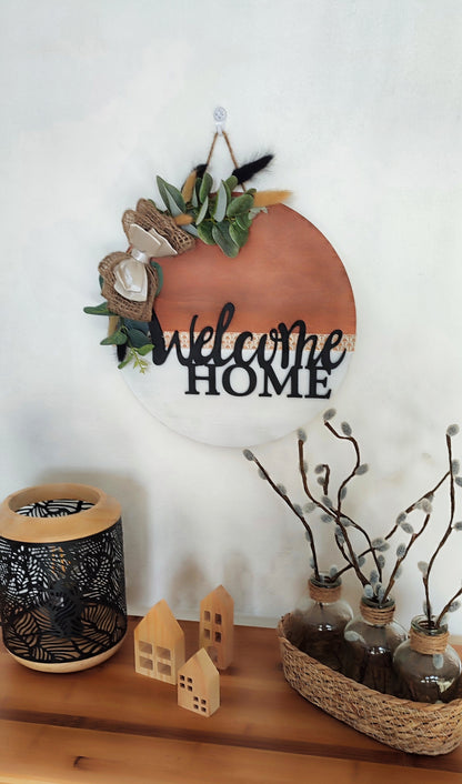 Décoration murale ronde en bois "Welcome home noir"