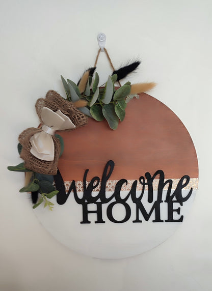 Décoration murale ronde en bois "Welcome home noir"